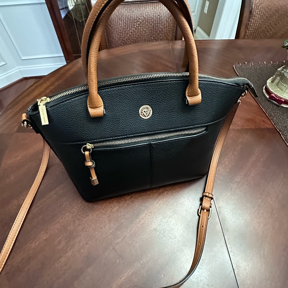 Anne Klein Lion Black and Tan Sachel Handbag Double Top Handles Crossbody Strap